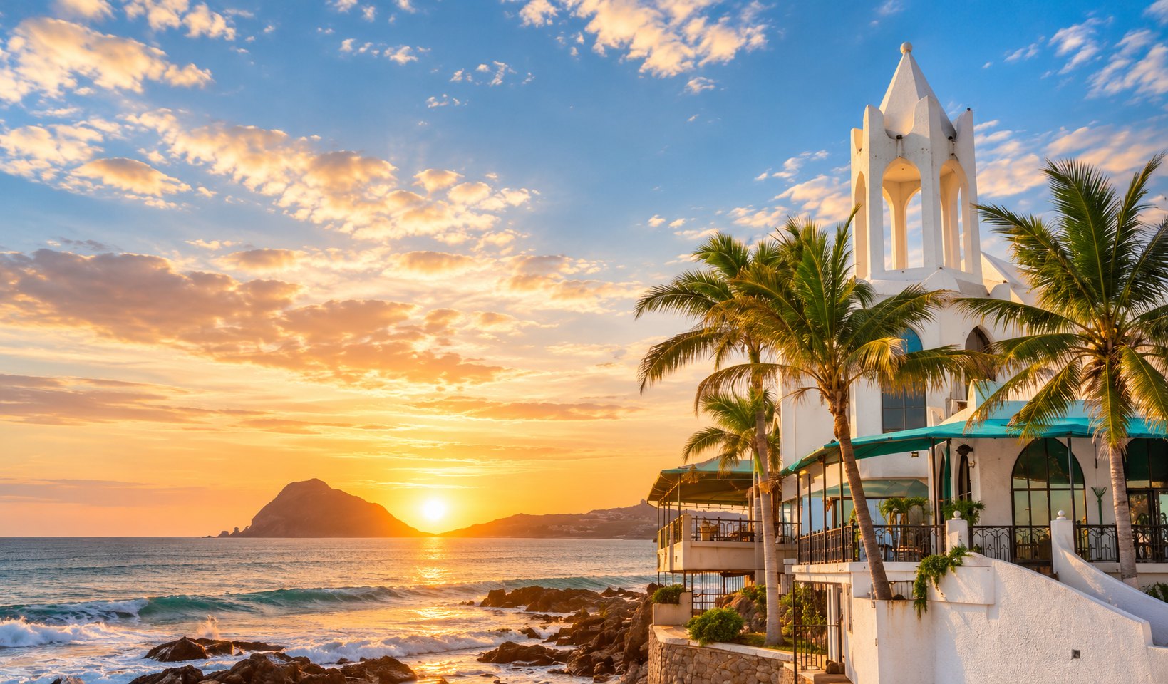 Atardecer frente al mar en Mazatlán con palmeras y el icónico edificio blanco de Valentino's